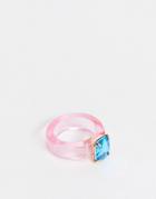 Asos Design Ring In Pink Plastic With Blue Crystal-multi