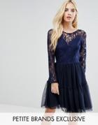 John Zack Petite Allover Lace Top Mini Prom Tulle Prom Dress With Scallop Back - Navy