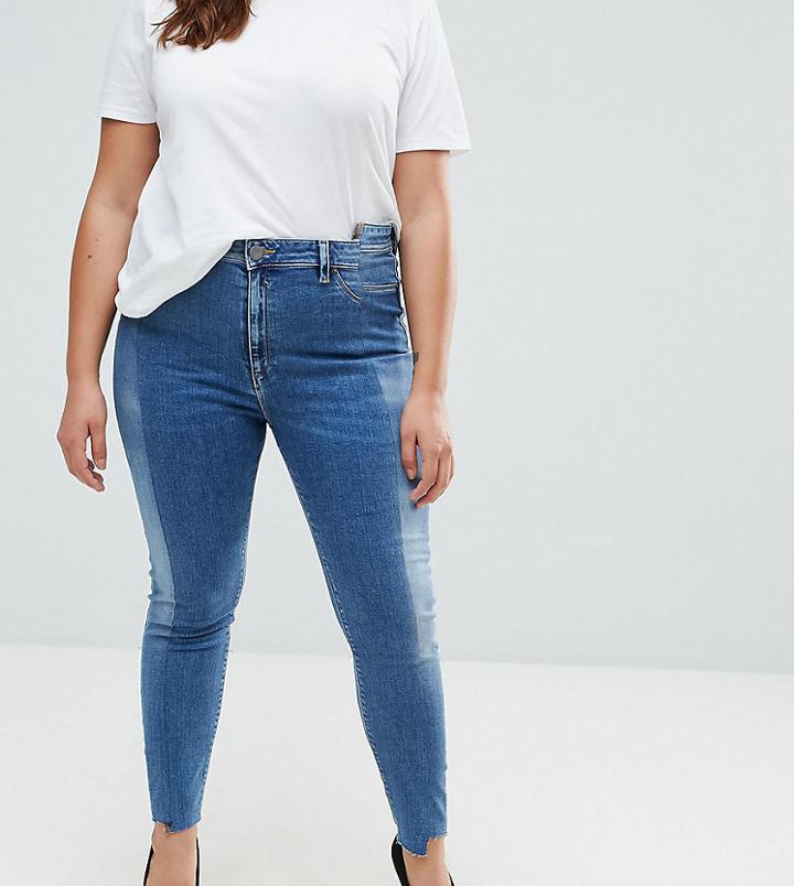 Asos Curve Ridley High Waist Skinny Jeans With Seamed Split Front In Noelle Light Wash - Blue