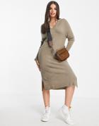 Vila Knitted Midi Dress With V Neck In Mushroom-neutral