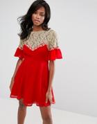 Asos Skater Dress With Lace Yoke Detail - Red