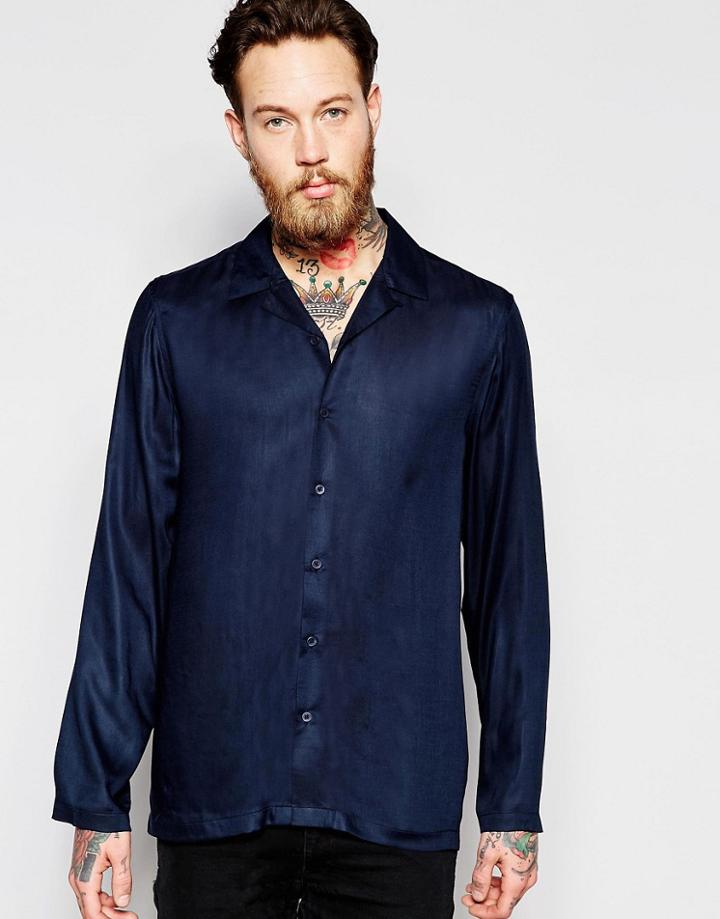 Asos Shirt In Navy With Revere Collar In Regular Fit - Navy