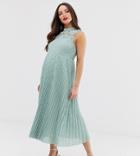 Asos Design Maternity High Neck Sleeveless Pleated Lace Midi Dress-green