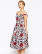 Chi Chi London Allover Rose Print Midi Dress With Bardot Neck - Pink Multi