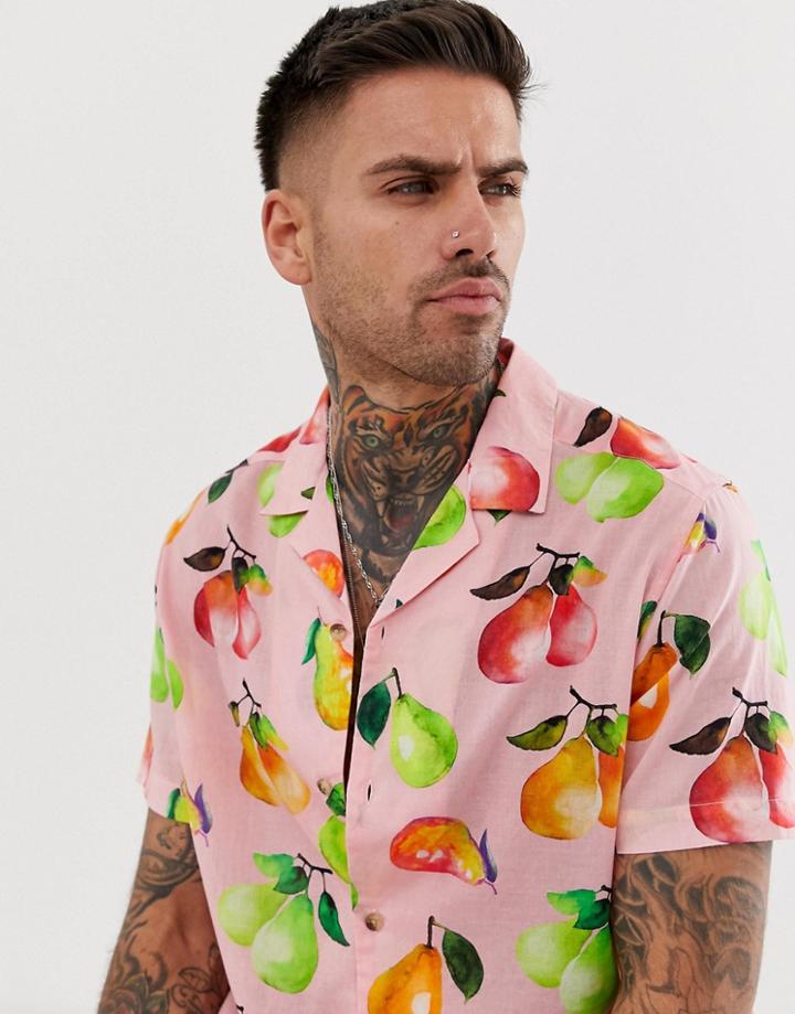 Asos Design Relaxed Revere Shirt With Pear Print - Pink