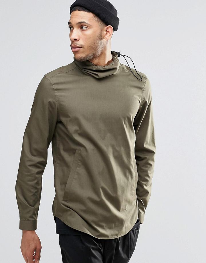Asos Khaki Shirt With Elasticated Funnel Neck In Regular Fit - Khaki