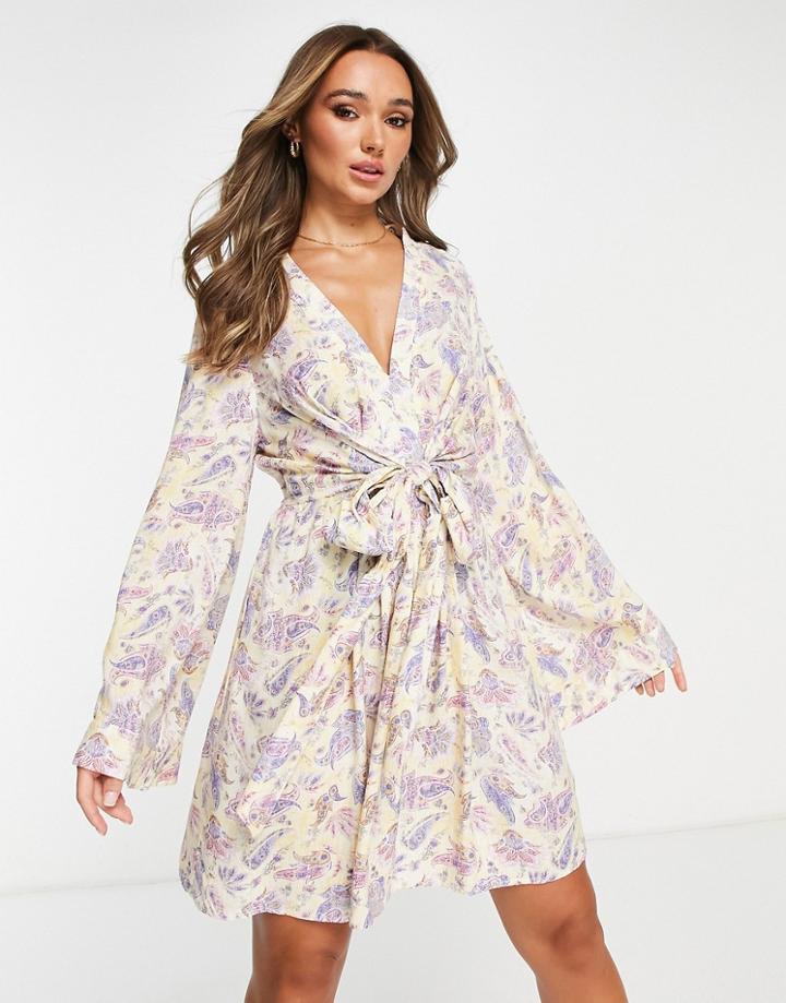 River Island Floral Tie Front Mini Dress In Light Purple