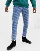 Asos Design Slim Jeans With Chaos Print In Vintage Mid Wash - Blue