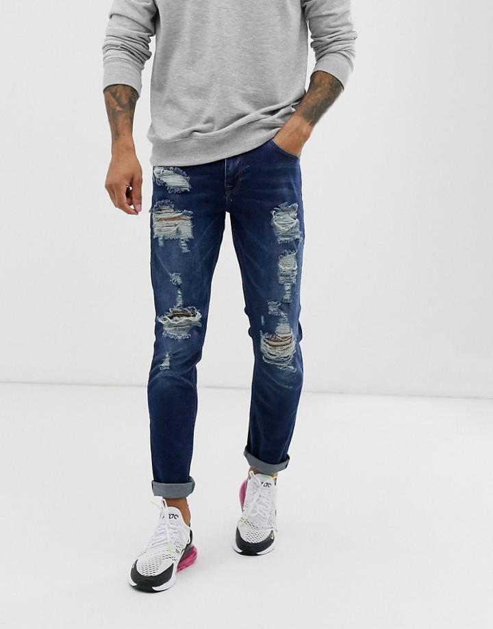 Asos Design Slim Jeans In Dark Wash Blue With Heavy Rips - Blue