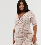 Outrageous Fortune Plus Ruched Tie Front Mini Skater Dress With Fluted Hem In Pink Polka Print - Pink