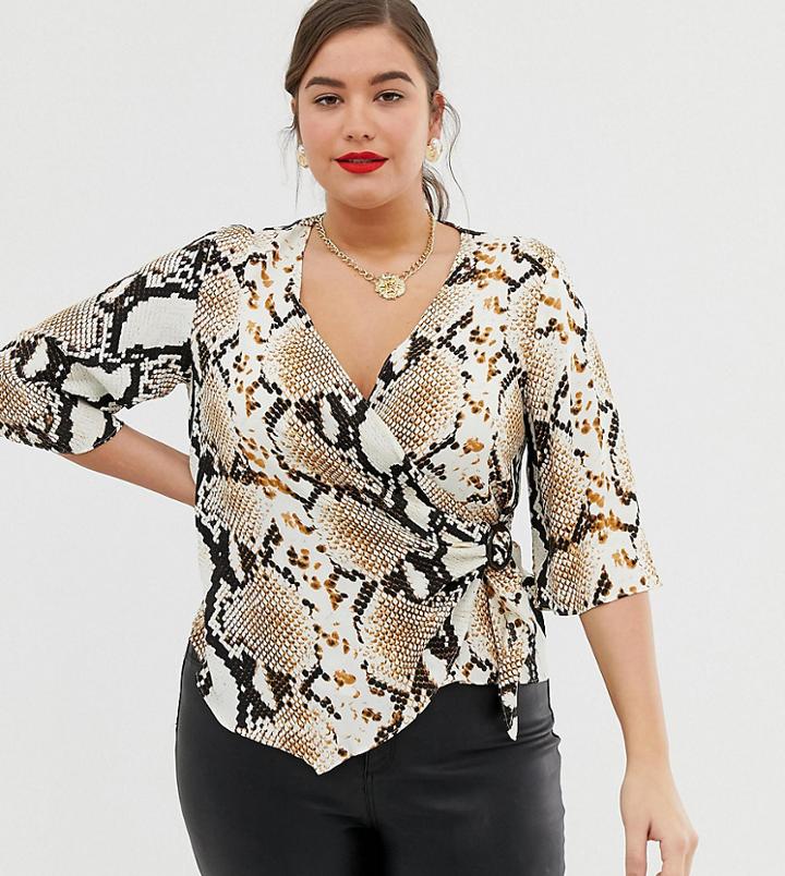 River Island Plus Wrap Blouse With Buckle Detail In Snake Print - Multi