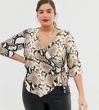 River Island Plus Wrap Blouse With Buckle Detail In Snake Print - Multi