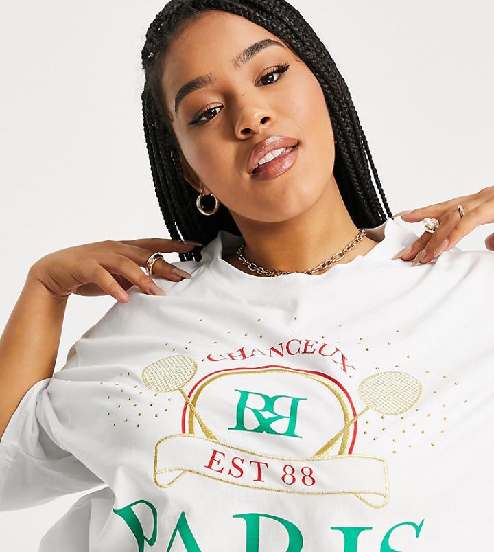 River Island Plus Paris Tennis Slogan Oversized T-shirt In White
