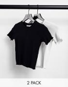 Pull & Bear 2 Pack Crop T-shirt With Lettuce Edge In Black And White-multi
