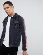Liquor N Poker Black Denim Jacket With Side Stripes And Rip And Repair - Black