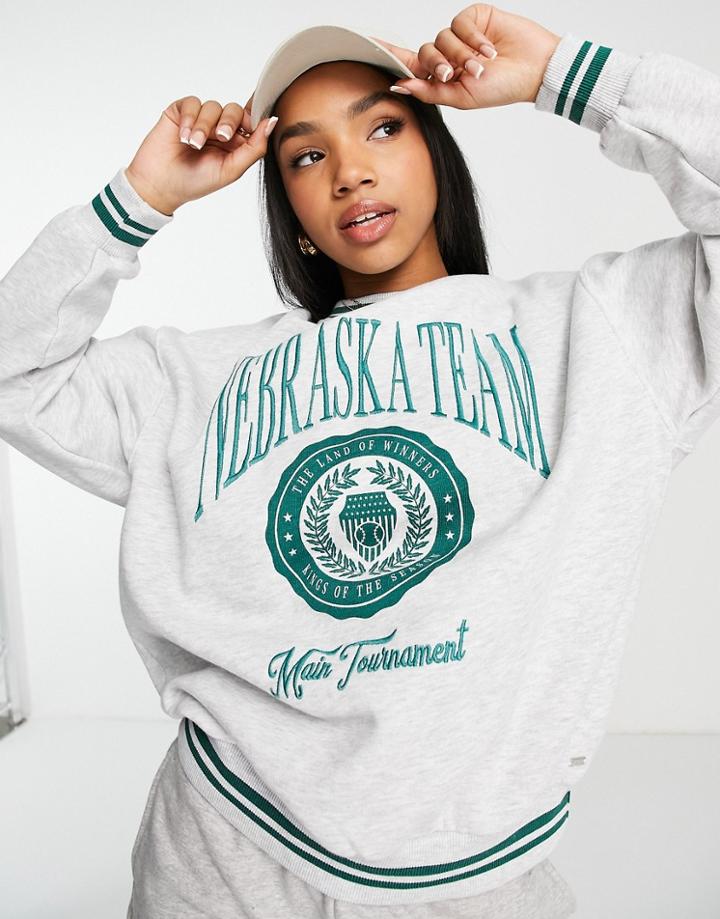 Pull & Bear Long Sleeve Nyc Slogan Sweatshirt In Gray