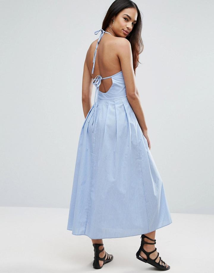 Asos Maxi Dress With Tie Back In Cotton Pinstripe - Blue