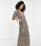 Asos Design Tall Plisse V-neck Maxi Dress With Tiered Hem And Long Sleeves In Bright Floral Print-blues