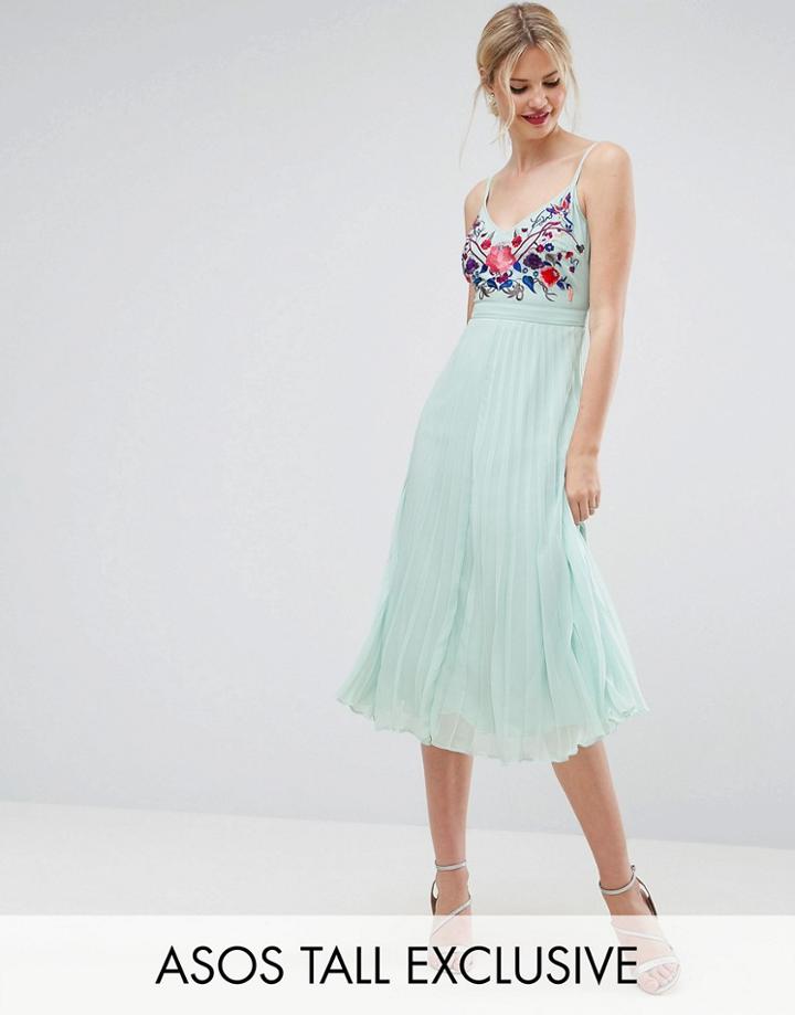 Asos Tall Embroidered Cami Pleated Midi Dress - Green