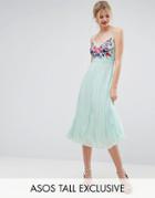 Asos Tall Embroidered Cami Pleated Midi Dress - Green