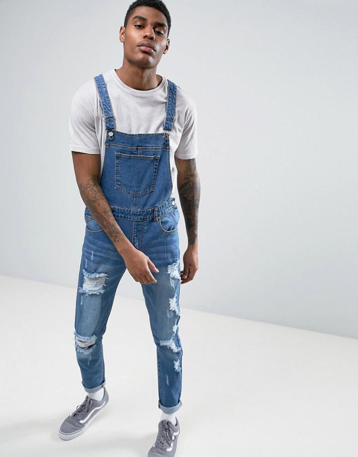 Heros Heroine Overalls In Blue With Rips - Blue