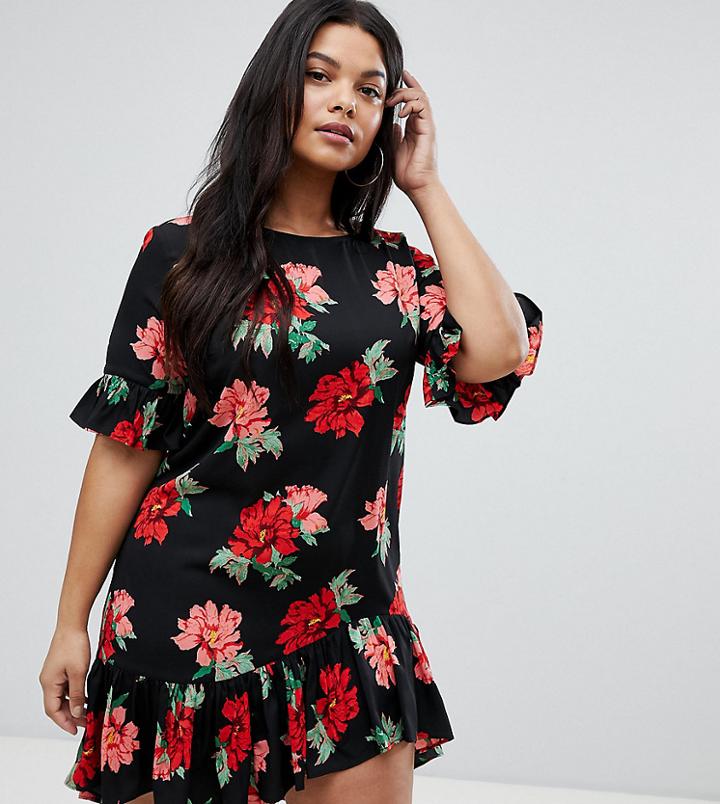 Ax Paris Plus Floral Drop Hem Dress - Multi