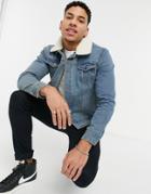 Brave Soul Denim Jacket In Blue With Detachable Borg Collar-blues
