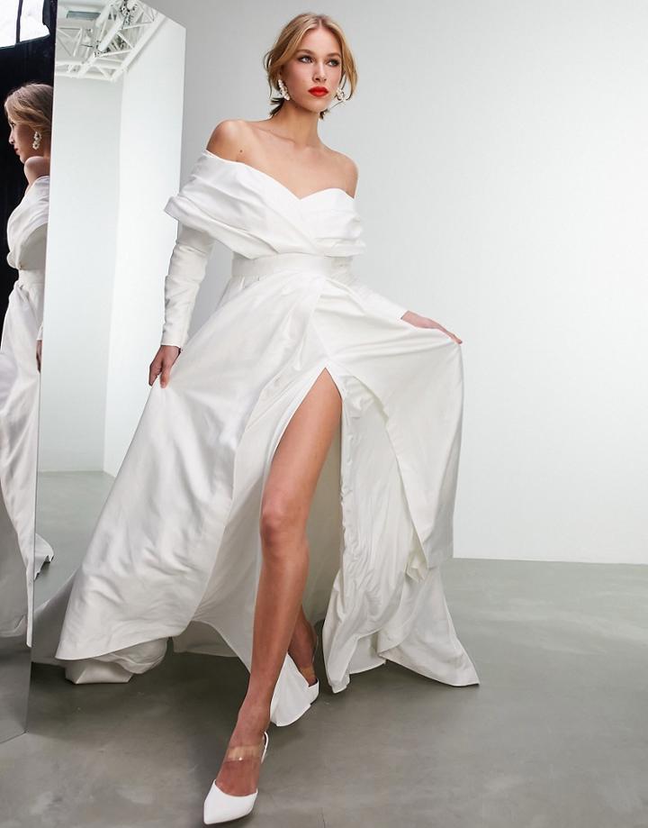 Asos Edition Lola Satin Structured Off-shoulder Wedding Dress With Full Skirt-white