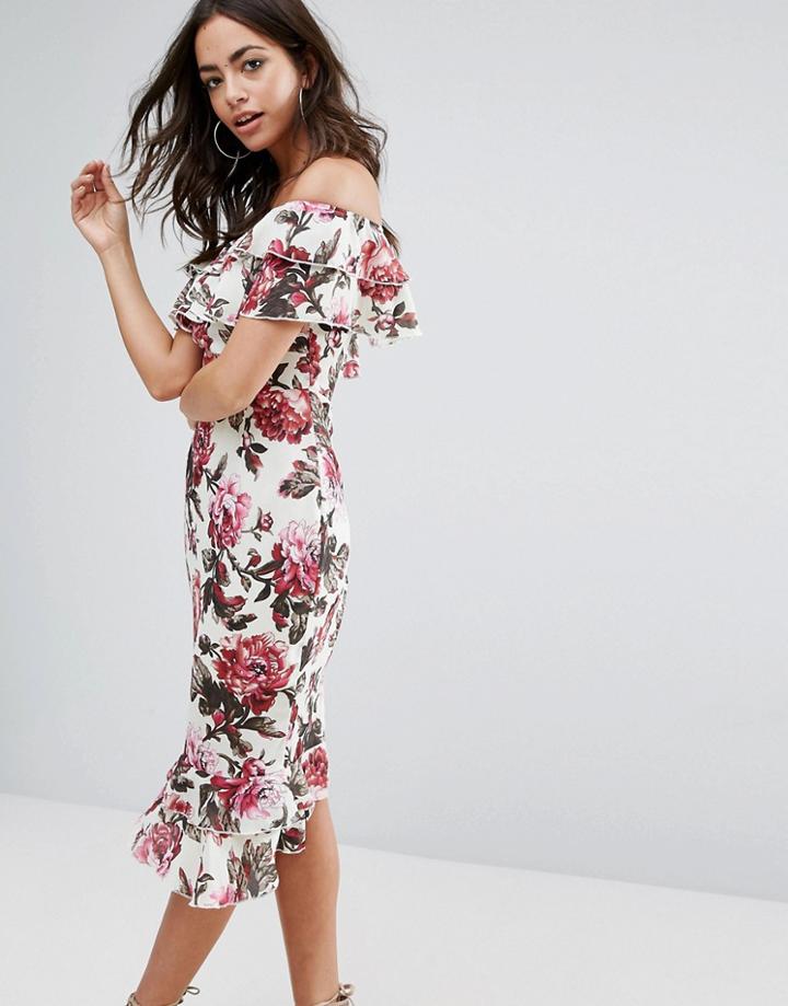 Prettylittlething Floral Print Frill Detail Bardot Midi Dress - Pink