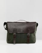 Asos Design Washed Khaki Satchel With Contrast Brown Flap - Green