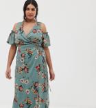 Lovedrobe Cold Shoulder Midi Dress With Tie Waist In Teal Floral - Green