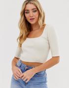 Asos Design Scoop Neck Short Sleeve Sweater In Fine Knit Rib - Cream