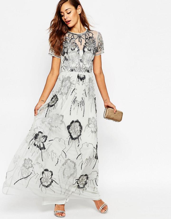 Asos Salon All Over Embellished Maxi Dress - Gray