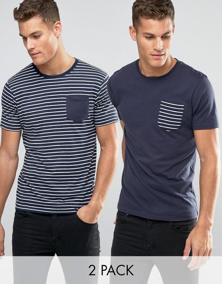 Brave Soul 2 Pack Pocket T-shirt In Stripe - Navy