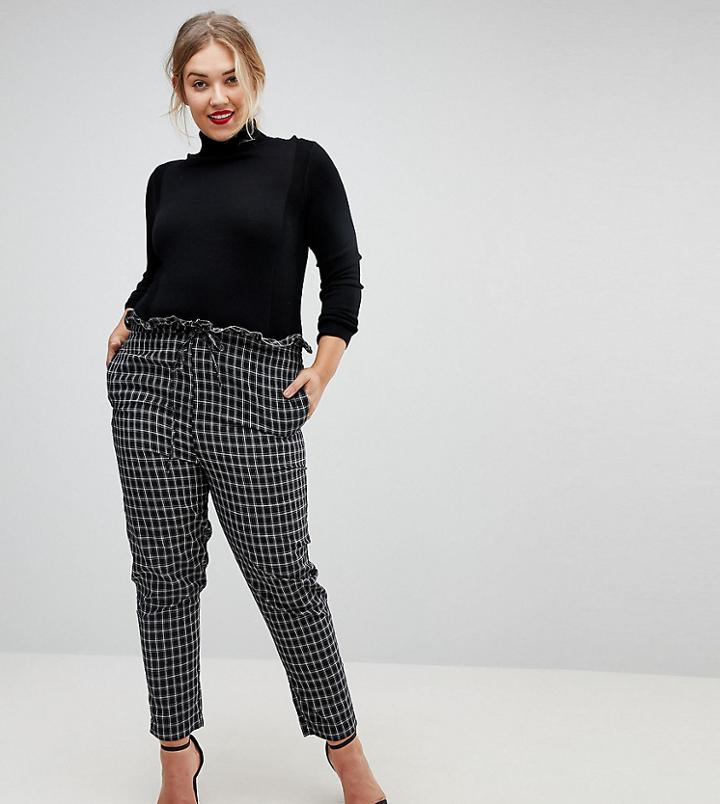 Fashion Union Plus Check Pants With Paperbag Waist - Black