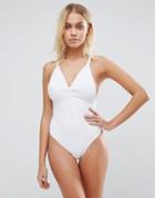 Lost Ink Button Plunge Swimsuit - White