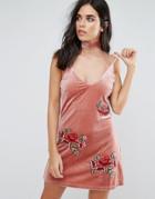 Love & Other Things Velvet Cami Dress With Embroidered Detail - Pink