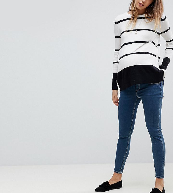 Asos Maternity Ridley High Waist Skinny Jeans In Dena Mid Blue Wash With Under The Bump Waistband - Blue