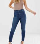 Asos Design Petite Ridley High Waisted Skinny Jeans In Mottled Blue Was With Belt Loop Detail