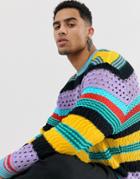 Asos Design Knitted Oversized Sweater With Crochet Stripe Design - Multi