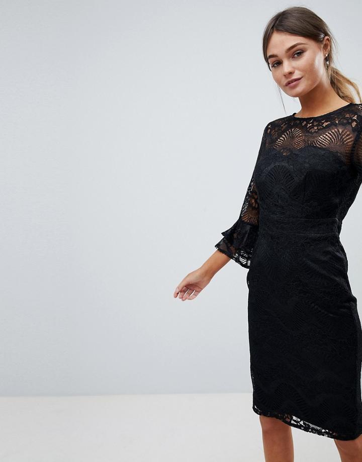 Little Mistress Lace Pencil Dress With Frill Sleeves - Blue