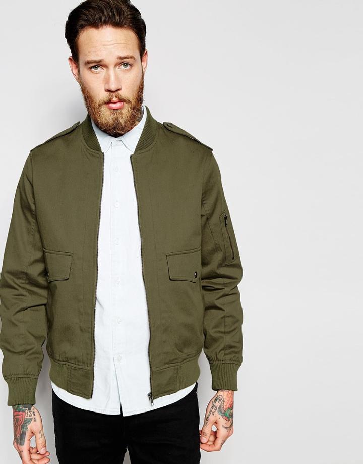 Asos Military Bomber Jacket With Ma1 Pocket In Khaki - Khaki