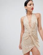 Flounce London Sequin Mini Dress With Twist Front In Nude - Gold