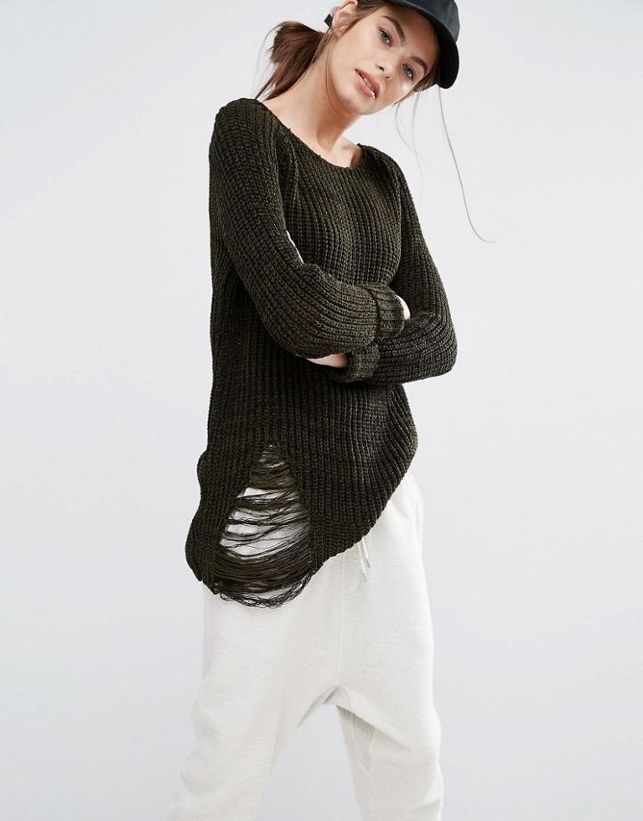 Daisy Street Relaxed Sweater With Distressing - Green