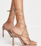 Asos Design Wide Fit Nobu Strappy Tie Leg Heeled Sandals In Beige-neutral