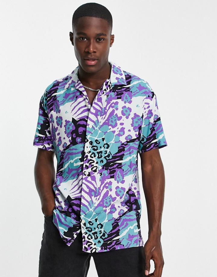 Jack & Jones Originals Viscose Shirt With Revere Collar In Multi Animal Print