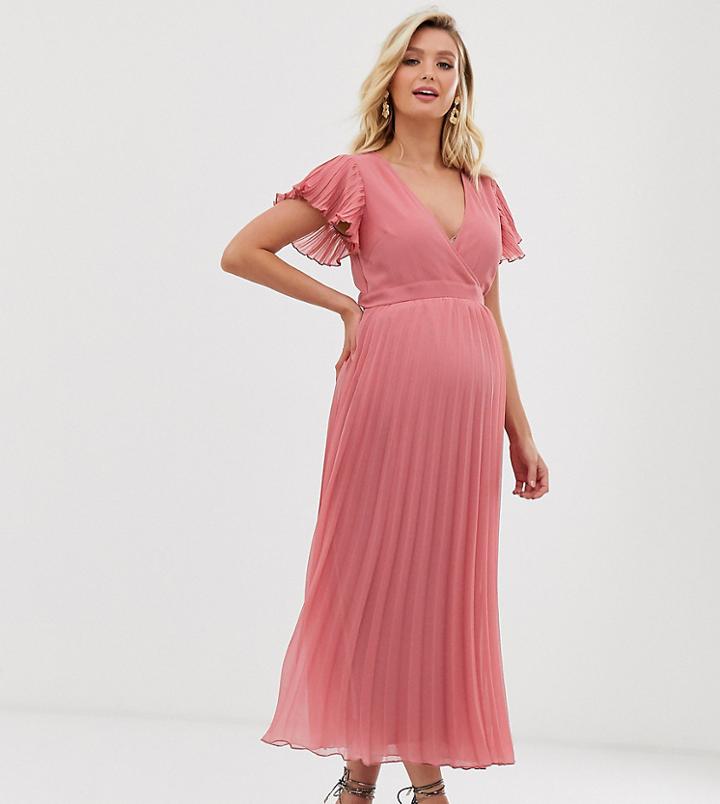 Asos Design Maternity Pleated Ruffle Wrap Midi Dress In Texture-pink