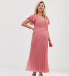 Asos Design Maternity Pleated Ruffle Wrap Midi Dress In Texture-pink