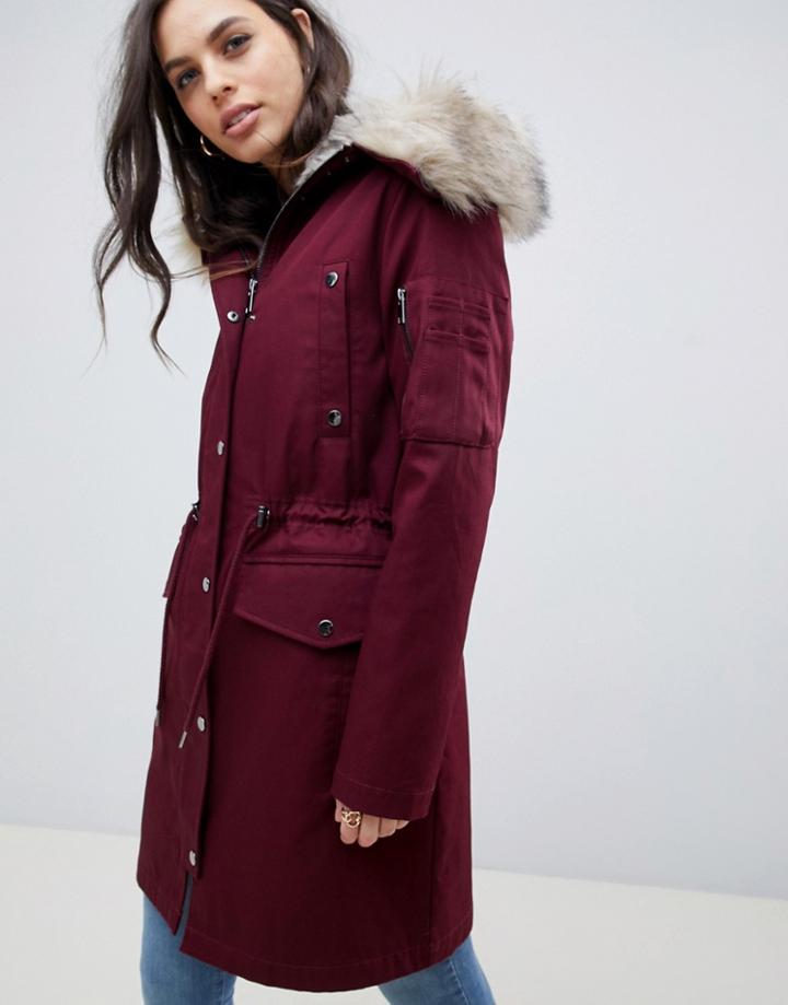 Asos Design Parka With Detachable Faux Fur Liner In Oxblood - Purple