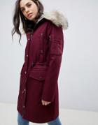 Asos Design Parka With Detachable Faux Fur Liner In Oxblood - Purple